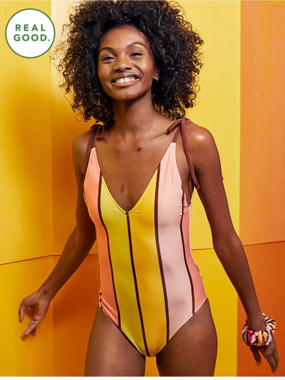 Aerie One Piece Cheeky Bathing Suit Ladies Striped Yellow Orange